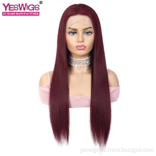 Yeswigs Straight 99J Color 13*4 Lace Frontal Human Hair Wigs Full Cuticle Aligned Unprocessed Brazilian Virgin Hair Wigs